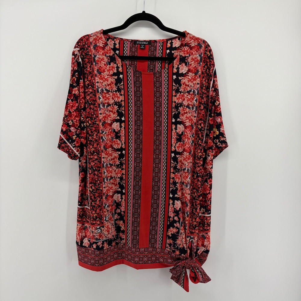 ROZ & ALI Women's 1X Red Floral Print Tunic‎ Top Side Tie Kimono Sleeve